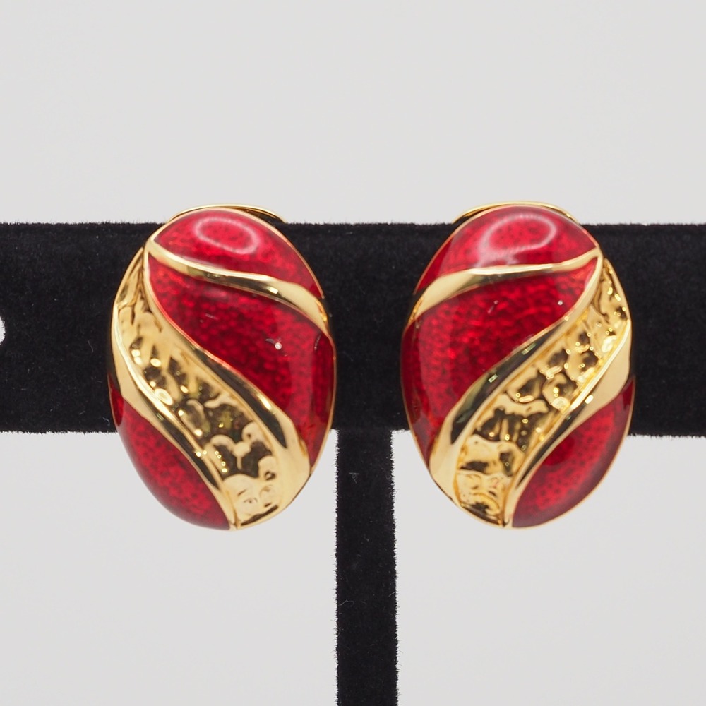 Vintage Clip Earrings Red Enamel Textured Swirl Dome Polished Gold Tone Elegant